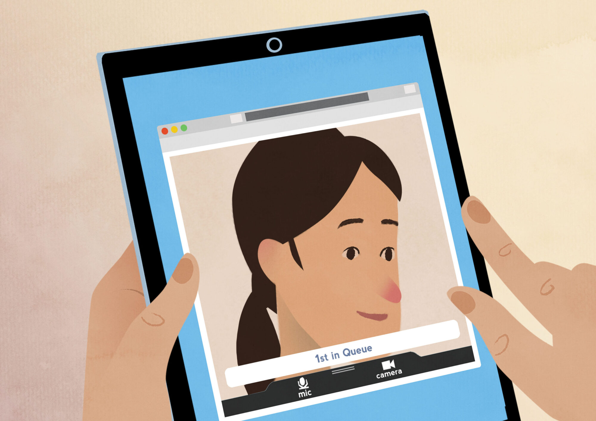 Still from animation showing woman in video call using an iPad