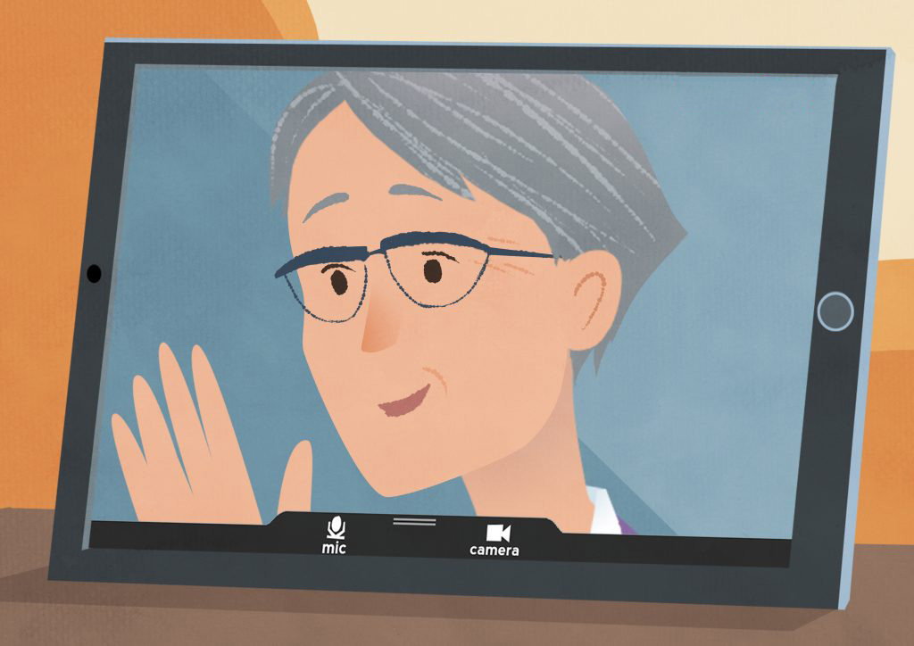 Animation still: doctor in video call, seen on tablet.