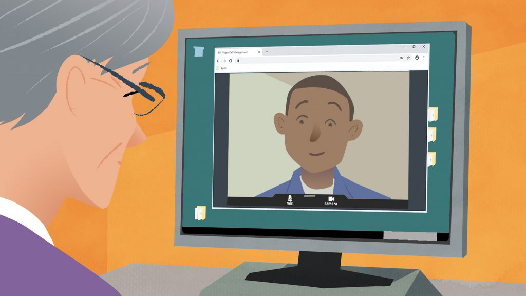 Animation still: doctor and patient in video call. Patient seen on PC screen.