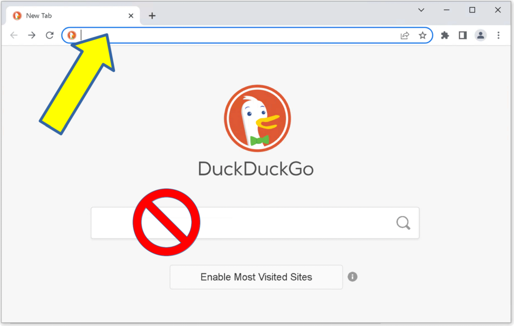 a browser page highlighting the address bar at the top and a DuckDuckGo search box in the centre